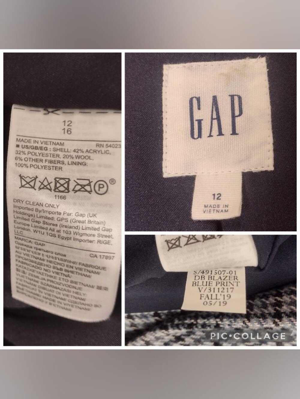Gap Houndstooth Wool Blend Blazer Double Button Blue Size 12 - Picture 14 of 16